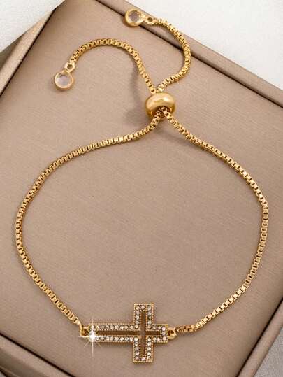 Elegant Versatile Exquisite Hollow Cross Anklet With Rhinestone Tassel And Adjustable Drawstring, Suitable For Daily Wear