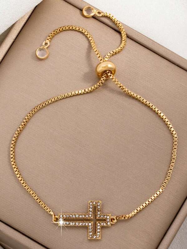 Elegant Versatile Exquisite Hollow Cross Anklet With Rhinestone Tassel And Adjustable Drawstring, Suitable For Daily Wear