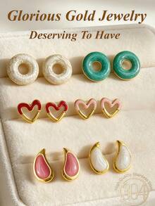 18pcs/9 Pairs Summer Gold Women's Earring Set, Including Hollow Heart Earrings, Teardrop Studs, Suitable For Daily, Vacation And Casual Wear, Elegant Stud Earrings, Industrial Piercing Jewelry - Oil Dripping Kit - View 3