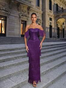 LOVE&LEMONADE Purple Off-Shoulder Sequin Tassel Long Evening Gown - Purple - View 2