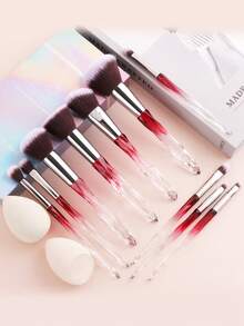 ronshadow 10pcs Gradient Transparent Ice Crystal Diamond Handle Makeup Brush Set With Makeup Sponge, Round Powder Brush, Angled Blush Brush, Large Foundation Brush, Small Eyeshadow Blending Brush, Detail Concealer Brush - Multicolor - View 11
