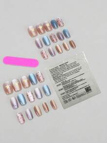 30pieces Press On Nails Short Square Cat Eye Press On Nails With Yellow Star And Polka Dot Pattern Shimmer Fake Nails Kit With Jelly Glue And Nail File False Nails Set For Women Girls Daily Wear Suitable For Gatherings, Festivals, And Daily Use - Multicolor - View 6