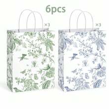6/12/24Pcs Botanical Toile Print Paper Gift Bags, Green & Blue Floral Bird Pattern Flat Bottom Tote Bags With White Twisted Handles For Wedding, Birthday, BabyShower, Bridal Shower, Mother's Day, Garden Party Gift Packaging - View 6