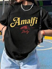 Women Oversized Crew Neck Short Sleeve T-Shirt Classic Cursive New York Letter Print Soft Cotton Casual Basic Tee Daily Streetwear Vacation Top - Black 1 - 查看 11