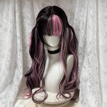 Women's Black Pink Highlight Double Ponytail Wig, Flat Bangs Long Wavy Artificial Fiber Full Hair Wig For Y2K Gothic Daily Cosplay Outfit - Only Wigs - View 3