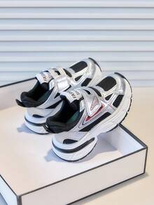 Kids' Fashion Silver & Black Sporty Chunky Sneakers, Spring/Autumn Mesh Breathable Hook & Loop Lightweight Non-Slip Sneakers - Black - View 4