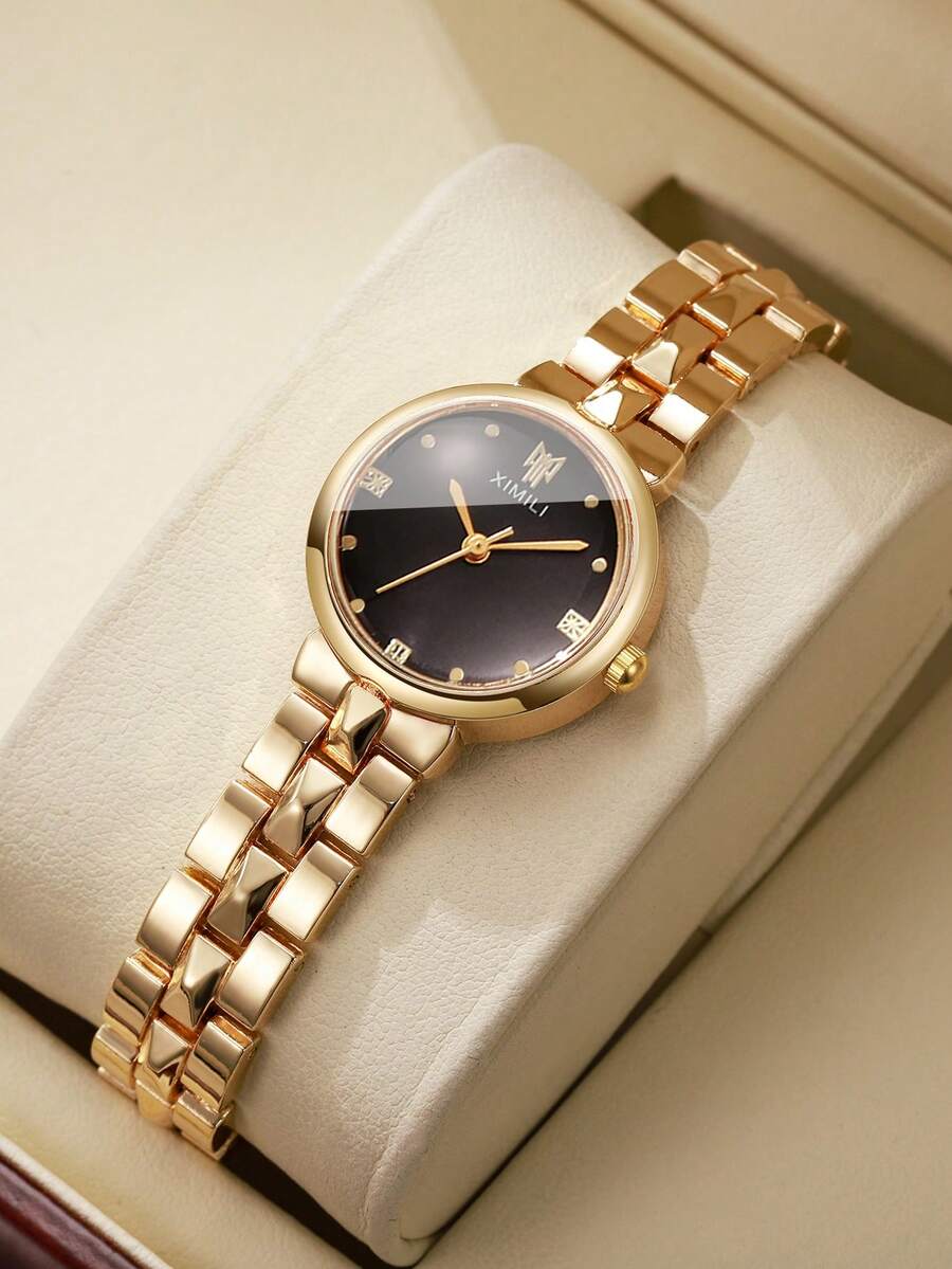 Women's Luxury Rhombus Patchwork Alloy Band Quartz Watch, Classic Minimalist Dial Bracelet Wristwatch, Gift For Girlfriend (1pc/Set) Watch Box Not Included - Gold - View 1