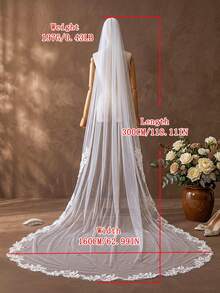 1pc Lace Sequin Trim Faux Pearl Decorated Long Cathedral Length Bridal Veil With Hair Comb, Wedding Dress Photography Accessory - White - View 10