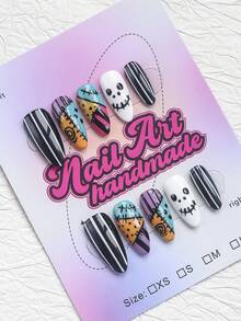 10pcs Halloween Handmade Almond-Shaped Fake Nails, Y2K Style Press-On Nails, Punk Cartoon Style, Patchwork Stitching, Skull Ghost Face, Contrast Color Polka Dot Spiral Design, Vintage Halloween Decorative Nails, Suitable For Halloween Party, Streetwear, Cosplay, Suitable For Women And Girls, Party, Dance, Daily Wear, Includes Tool Set - Multicolor - View 3