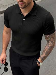 Men's Half-Zip Solid Striped Polo Shirt, Textured Shirt, Zip-Front Button Design, Slim Fit, Multiple Colors Available - Black - View 4