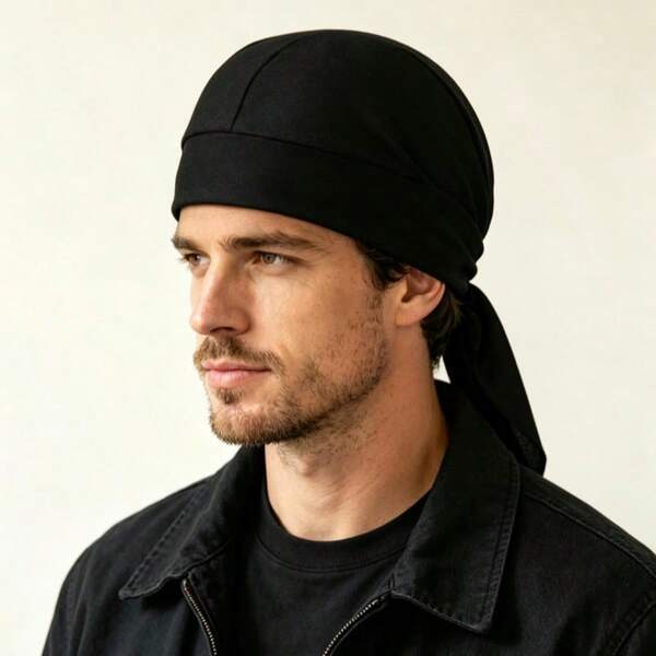 1pc Unisex Pure Black Pirate Hat, Soft Fabric, Pre-Tied Durag Cap, Long Tail Headwrap, One Size, Suitable For Daily Sports, Hip-Hop Style, Wavy Headscarf