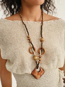Nocturel 1pc/Set Beaded Rice-Shaped Chain With Square Printed Pendant Fashionable Retro Vacation Style Women's Necklace - Beads - View 1