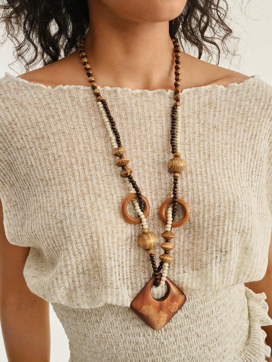 Nocturel 1pc/Set Beaded Rice-Shaped Chain With Square Printed Pendant Fashionable Retro Vacation Style Women's Necklace - Beads - View 1