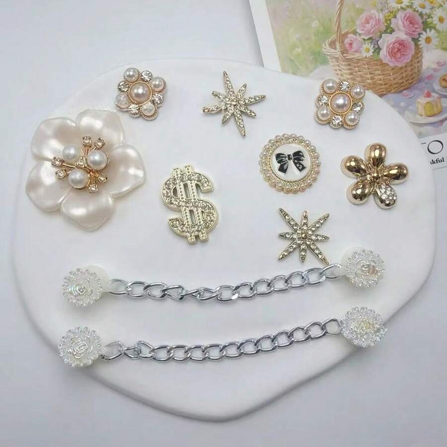 مجموعة زينة أحذية من اللؤلؤ، إبداعية DIY، ذهبية، على شكل زهرة وفراشة مرصعة بالماس والراينستون، مع سلسلة قابلة للفصل وإبزيم، ديكور أحذية، 1 مجموعة - أبيض - مشاهدة 1