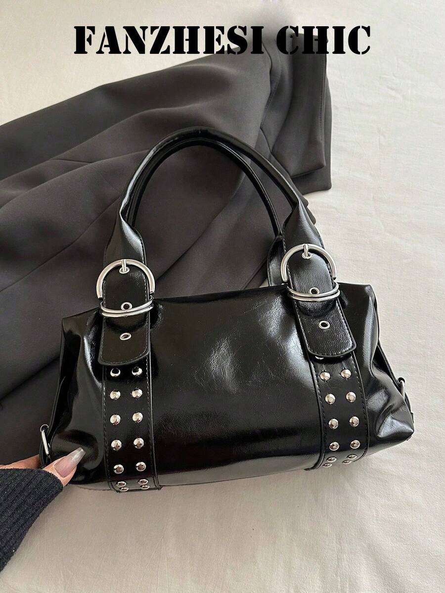 Black Shiny PU Handbag, Silver Rivet Decor D-Ring Adjustable Top Handle Small Shoulder Bag For Street Daily Outfit - Black - View 1