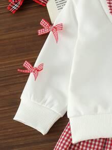2pcs Baby/Toddler (Girl) Sweet Cool Academy Style Red & White Plaid Collared Bow Long Sleeve Sweatshirt & Skirt Set, Thin Spring/Autumn Back To School - Red and White - View 7