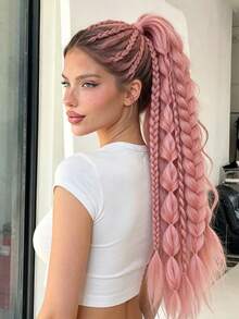 Two-Tone Bubble Boxer Braids Ponytail Wig, Cool Girl Hand-Braided Braids - Multicolor - View 5