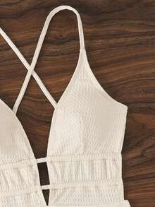 Traje de baño de una pieza sexy para mujer con cuello halter y lazo, sin mangas, corto de punto, estilo casual de playa para vacaciones de verano, con recortes - Albaricoque - Ver 7