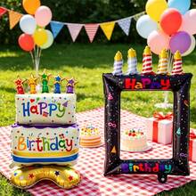 2件組黑色生日相框與雙層蛋糕箔氣球套組，生日自拍相框，聚酯薄膜氣球附蠟燭與星星裝飾，生日派對拍照亭道具，黑色相框蛋糕箔氣球生日裝飾用品 - 黑色相框+站立星星蛋糕 - 查看 4