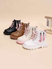 1 Pair Pink Heart Decor Girls' Boots, Round Toe Thick Sole Height-Increasing Double Side Zipper Design, Fashionable Cute Princess Style Chelsea Abkle Boots, Suitable For School, Daily, Birthday, Party, Outdoor Wear, Autumn/Winter New - Black - View 1