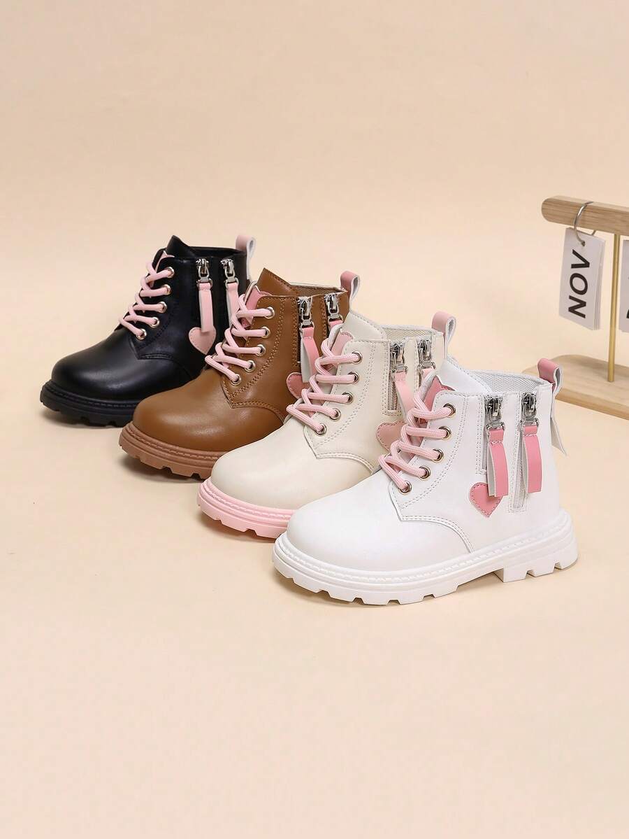 1 Pair Pink Heart Decor Girls' Boots, Round Toe Thick Sole Height-Increasing Double Side Zipper Design, Fashionable Cute Princess Style Chelsea Abkle Boots, Suitable For School, Daily, Birthday, Party, Outdoor Wear, Autumn/Winter New - Black - View 1