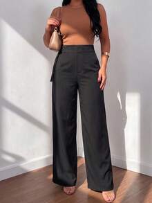 Women's Elegant High Waist Double Ring Buckle Pleated Wide Leg Suit Pants - Black - View 6