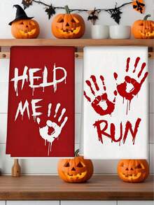 2pcs Halloween Hand Towels HELP ME, RUN, Scary Blood Handprint Design, Kitchen And Restaurant Decor, Outdoor Party Supplies, Suitable For Halloween Kitchen And Bathroom Decoration - Multicolor - View 12