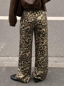 Women's Pink Leopard Print Drawstring Straight Leg Casual Pants With Pockets, Lightweight Stretchy Polyester Fabric - Coffee Brown - View 6