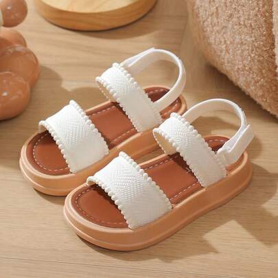 Caweiny Girls' Fashion Sunny Sandals, Korean Style Lace Trim Hook & Loop, Lightweight Non-Slip Soft Sole Princess Slides For Daily Wear And Outings
