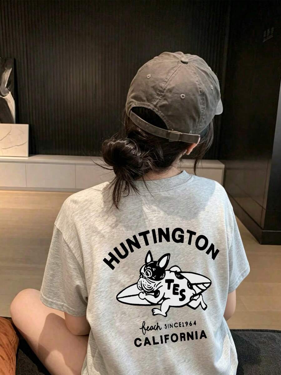 Women's Spring/Summer Pure Round Neck Loose Fit Versatile Letter Cartoon Wolf Dog Print Short Sleeve T-Shirt Casual - Light Gray - View 1