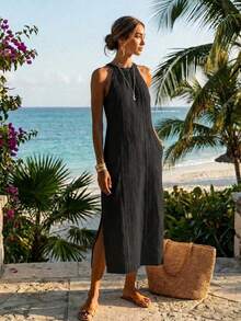 Elegaris Summer Solid Color Elegant Vintage Halter Neck Sleeveless Elegant Casual Lace Patchwork Design Dress - Black - View 6
