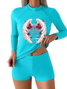 Women Funny Tight Fitting Sports Beach Surfing Long Sleeve Rash Guard Swimsuit 2 Piece Set Cute Swimwear With Boyshorts Sun Protection, Diving - Mint Blue - View 1
