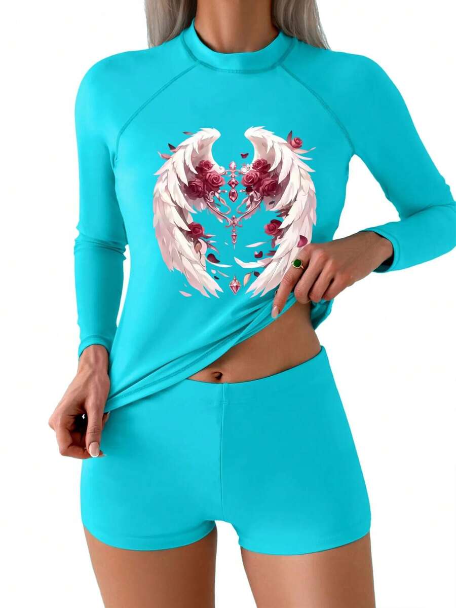 Women Funny Tight Fitting Sports Beach Surfing Long Sleeve Rash Guard Swimsuit 2 Piece Set Cute Swimwear With Boyshorts Sun Protection, Diving - Mint Blue - View 1