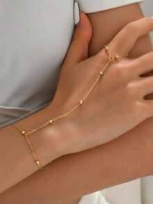 1 pezzo Bracciale da dito in metallo con catena a sfere stile europeo americano, design di alta gamma, bracciale da spiaggia estivo di nicchia per donne (perline casuali) - Dorato - Visualizzare 4