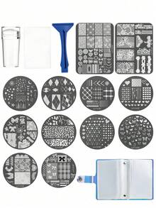 15pcs Nail Art Stamping Plates Set, Bow, Heart, Lace, Leopard, Plaid, Butterfly Nail Art Plates With Storage Book, Scraper And Stamper Set - Multicolor - View 1