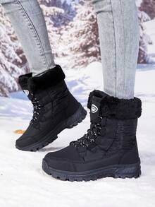 2026 Winter Damen Outdoor Mode Lässig Sport Stiefel, Dicke warme Mittelhohe Schneestiefel mit Patchwork Schnürdesign - Schwarz - Übersicht 2