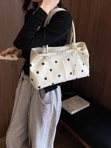 Hevel 1件裝新款波點圖案女款大容量手提包，壓扣式PU肩背包，休閒經典極簡設計師商務風托特包，時尚女通勤包，白色 - 米色 - 查看 5