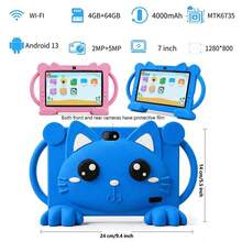 4GB RAM + 64GB ROM / 7-Inch Tablet / Quad-Core 1.3GHz / Android 13 MTK8321 / 1280x800 HD IPS Display / 2MP+5MP Camera / 4000mAh Battery / WiFi, Parental Control, Education, Games / ABS Plastic + Silicone, Educational Tablet - Blue - View 1