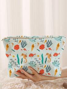 1pc Portable Cosmetic Storage Bag, Sea Cucumber & Seashell Ocean Element Pattern, Double-Sided Print, Travel Zipper Makeup Bag, Multi-Function Toiletry Storage Bag - Multicolor - View 1