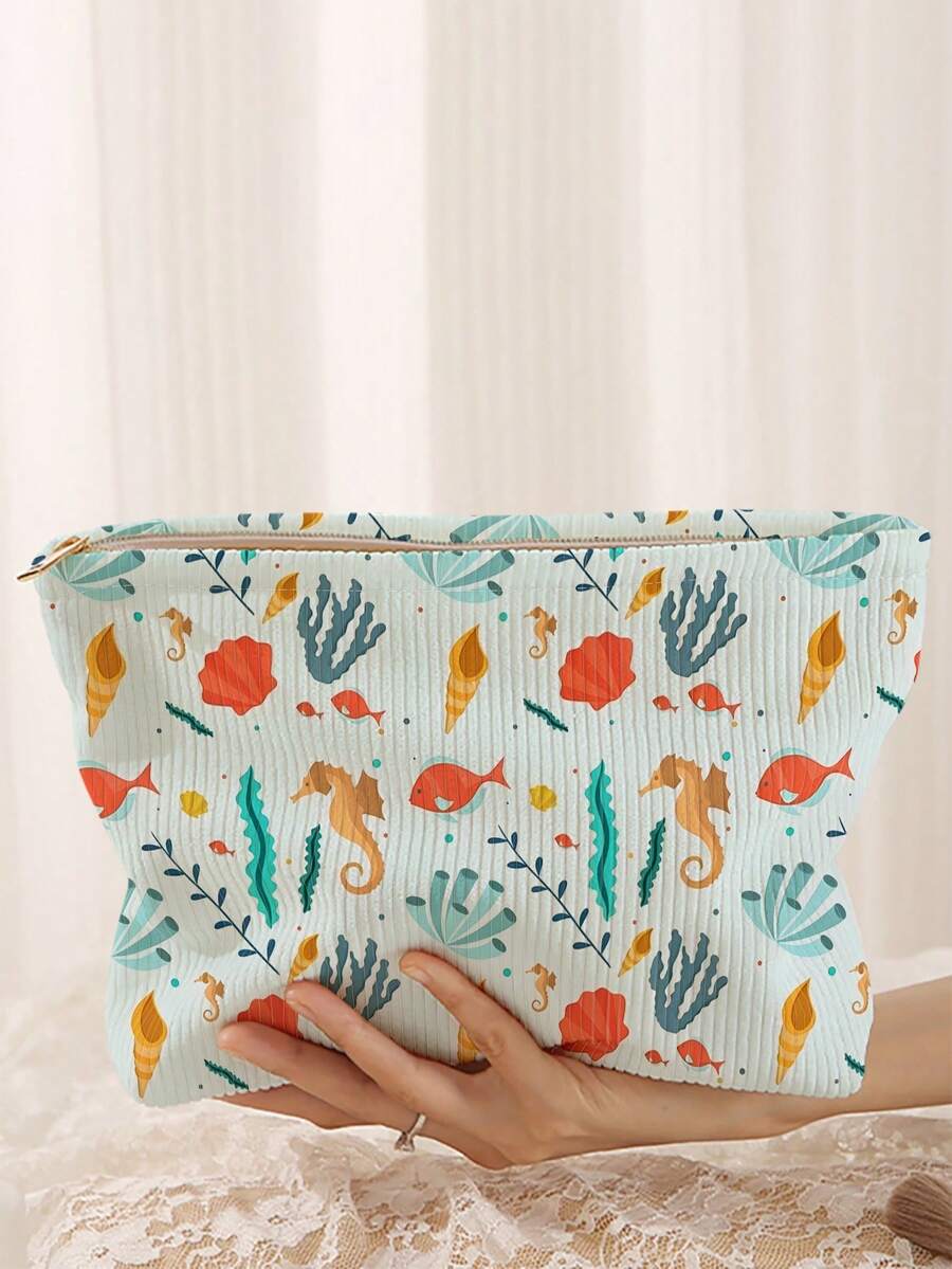1pc Portable Cosmetic Storage Bag, Sea Cucumber & Seashell Ocean Element Pattern, Double-Sided Print, Travel Zipper Makeup Bag, Multi-Function Toiletry Storage Bag - Multicolor - View 1