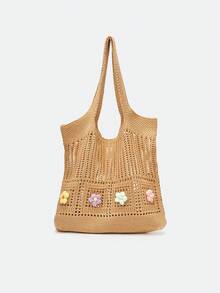 Dedoo Bolso Bandolera Casual Retro con Flores Caladas y Contraste de Color (La Posición del Color de las Flores es Aleatoria) (El Color/Patrón de la Correa del Hombro es Aleatorio) - Marrón - Ver 7
