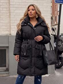 Astrid Plus Size Winter Casual Solid Color Drawstring Hooded Jacket - Black - View 4