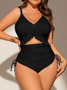 nde, tela especial, escote en V profundo, tirantes ajustables, almohadillas de pecho removibles, volantes bajo el busto, cordón lateral, estilo de playa casual y sexy de moda para vacaciones - Negro - Ver 6