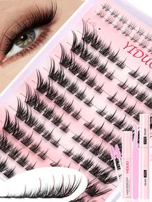 YIDUO 114pcs Fox Eye Cluster False Eyelashes Set, Pre-Separated Left And Right Single Clusters LC Curl Fluffy Dense DIY Eyelash Extension Kit, Includes Adhesive And Sealer, Remover, Tweezers, Eyelash Brush, Reusable, Suitable For Daily, Party, Holiday Makeup, Beginner Friendly - Multicolor - View 1
