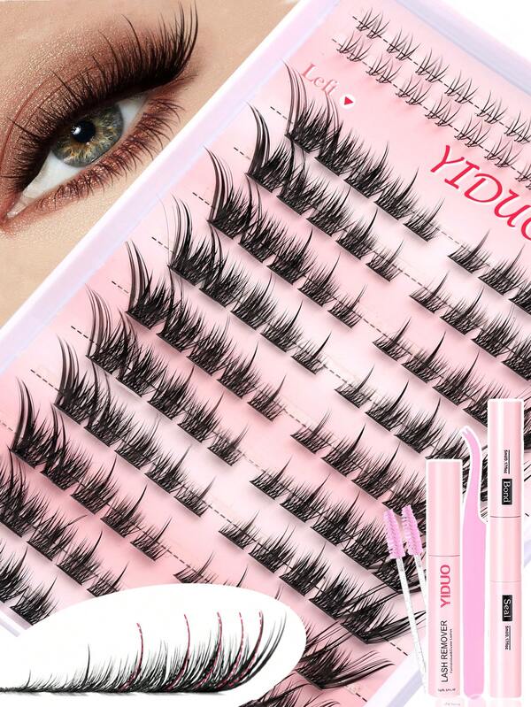 YIDUO 114PcsFox Eye Lash Clusters Kit, Pre‑Mapped Left & Right Individual Lashes LC Curl Wispy Volume DIY Eyelash Extension Set With Bond & Seal, Remover, Tweezers, Lash Brushes, Reusable False Lashes For Daily Party Festival Makeup For Beginners