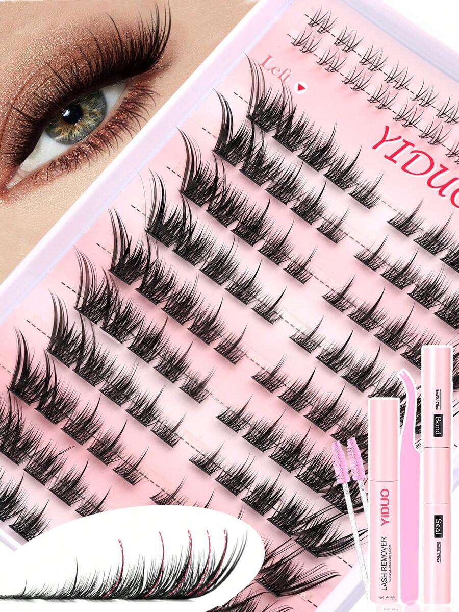 YIDUO 114pcs Fox Eye Cluster False Eyelashes Set, Pre-Separated Left And Right Single Clusters LC Curl Fluffy Dense DIY Eyelash Extension Kit, Includes Adhesive And Sealer, Remover, Tweezers, Eyelash Brush, Reusable, Suitable For Daily, Party, Holiday Makeup, Beginner Friendly - Multicolor - View 1