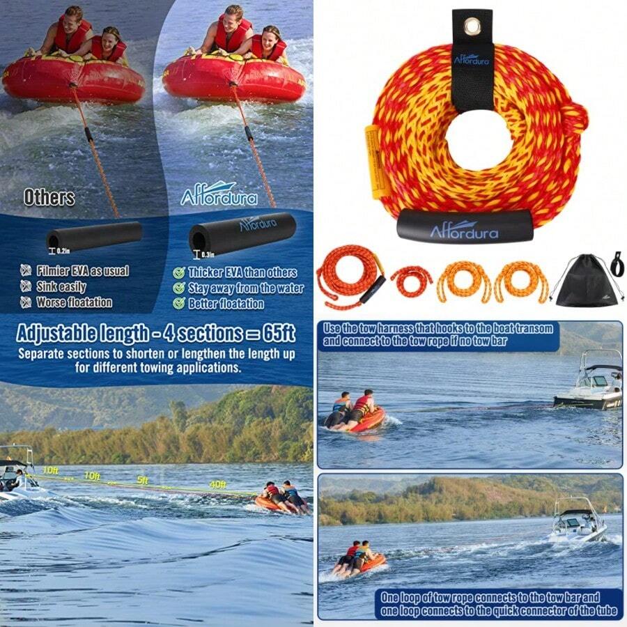 Adjustable Tow Rope For Tubing 65 Feet 4-Section Boat Tow Rope Extension Heavy Duty Ski Rope Water Sports Pontoon Towable Tube Pull Rope - Red - View 1