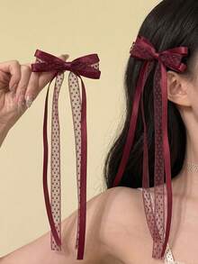 1/2pcs Elegant Lace Ribbon Bow Hair Accessories,Women's Hair Accessories,Fashionable Hair Accessories,Suitable For Valentine's Day,Fall Hair Accessory - Burgundy - View 4