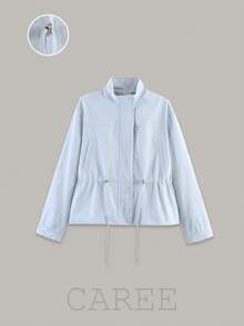 CAREE Women's Spring/Autumn Lightweight Casual Windbreaker, Stand Collar Drawstring Waist Zipper Jacket - Baby Blue - View 1