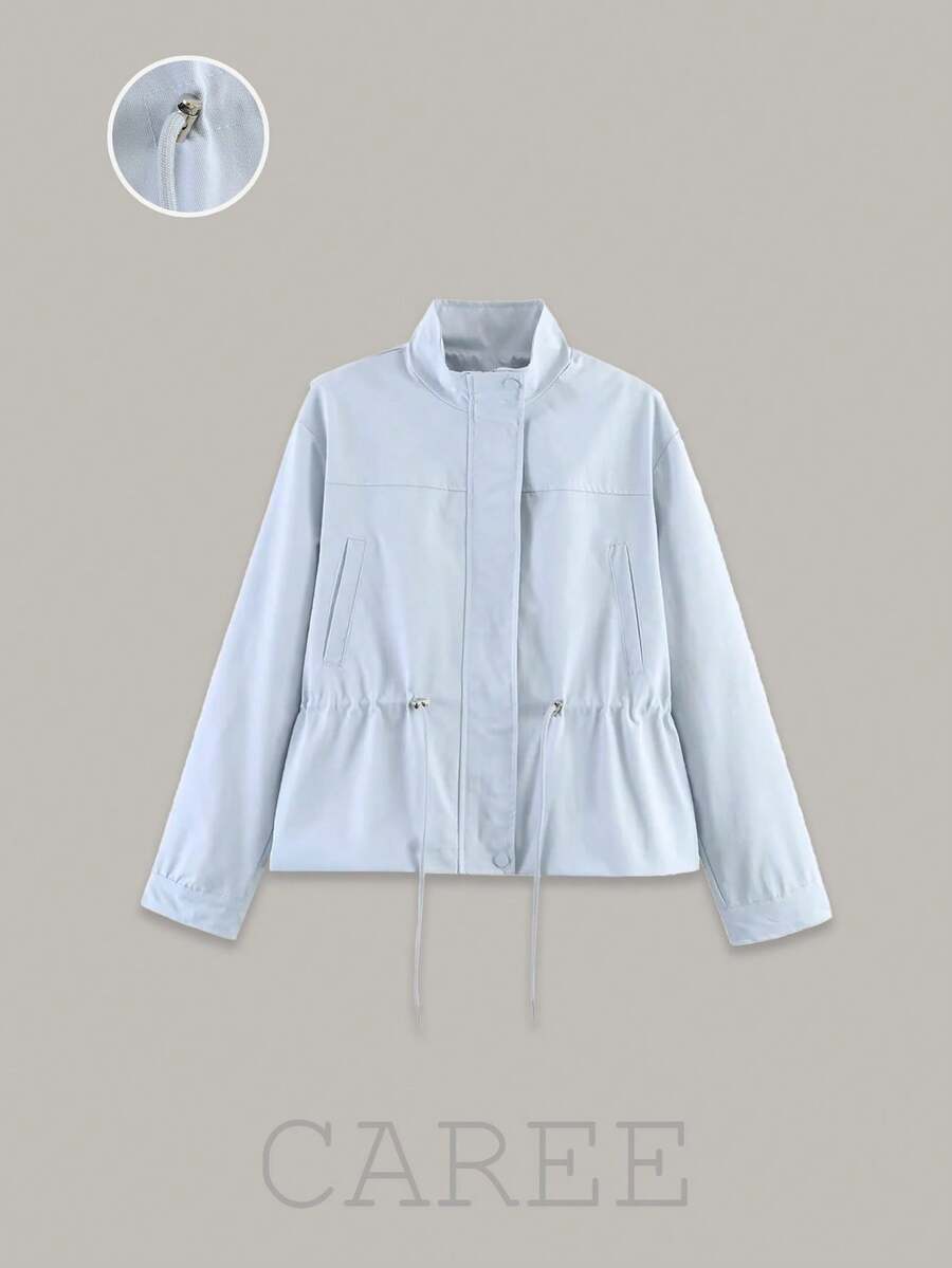 CAREE Women's Spring/Autumn Lightweight Casual Windbreaker, Stand Collar Drawstring Waist Zipper Jacket - Baby Blue - View 1